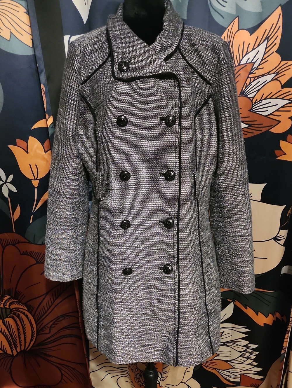 Guess Double-Breasted Grey Tweed Pea Coat with Black Trim